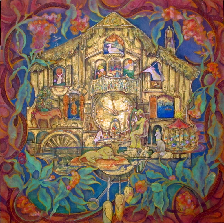 からくり時計を描いたファンタジックな日本画