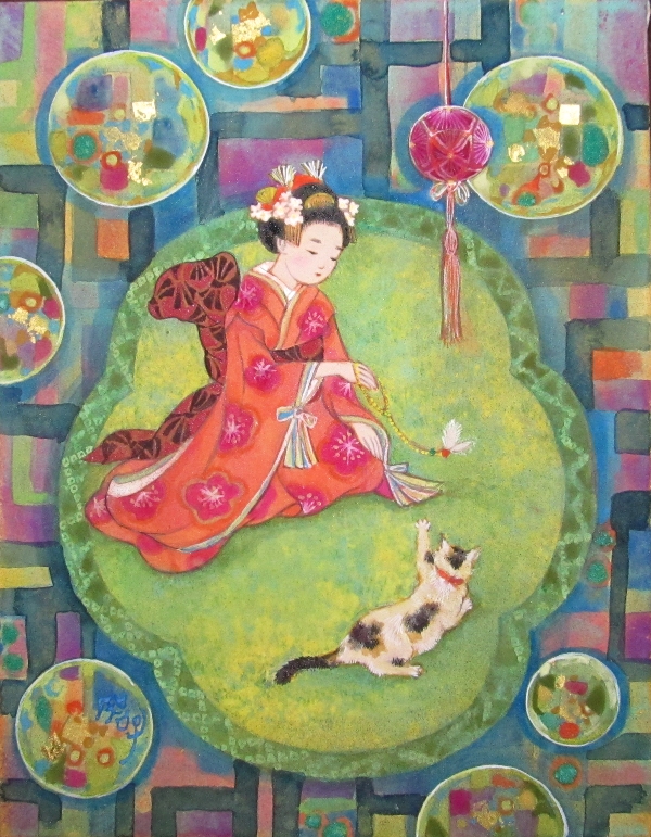 おもひで硝子　江戸時代の少女と猫　ビードロのような背景の日本画