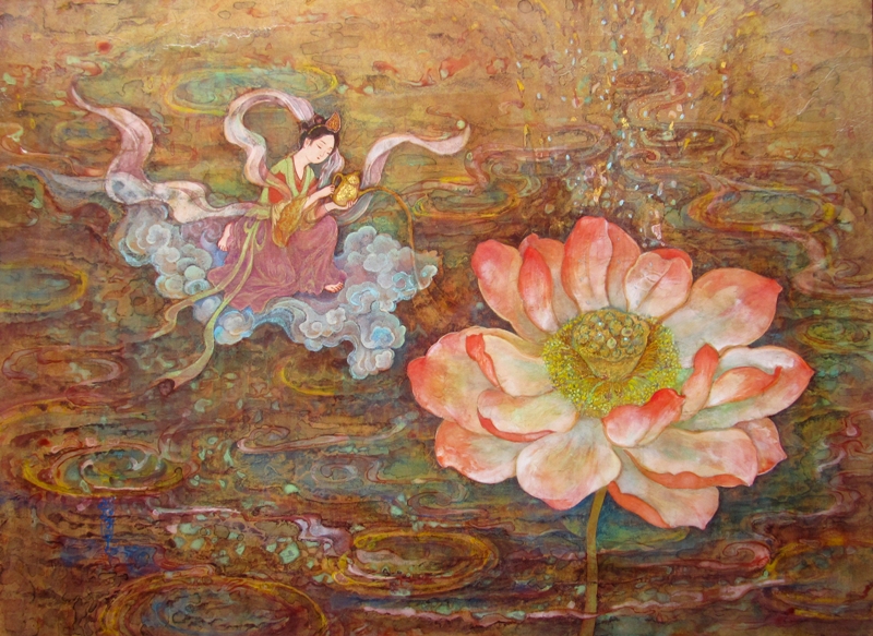 瑞々しい一輪の蓮の花と、雲に乗った天人　静謐な日本画