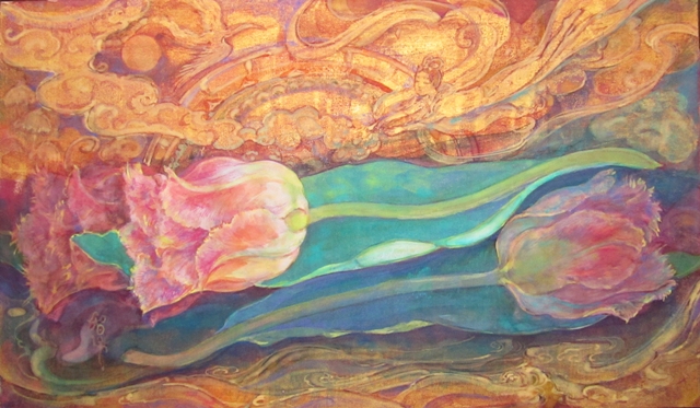 たゆたうチューリップがかかれた日本画