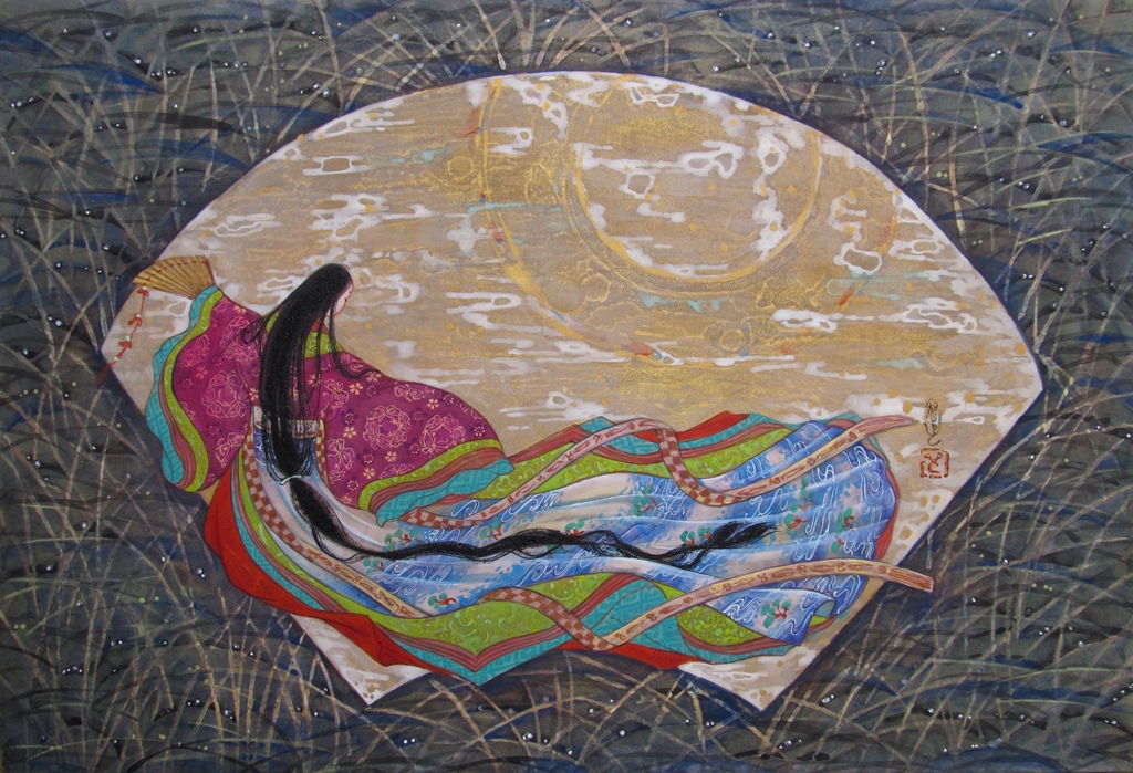 つゆ玉　扇面型に描かれた平安美人　伊勢物語からインスパイアされた日本画