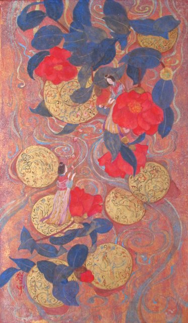 つらつら椿　リズム感ある椿の配置、二人の妖精　万葉の文様が描かれた幻想的な日本画