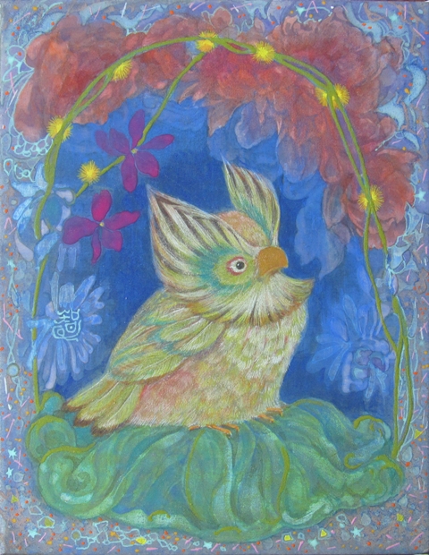 七つ星　ちいさなみみずくが描かれた可愛い日本画