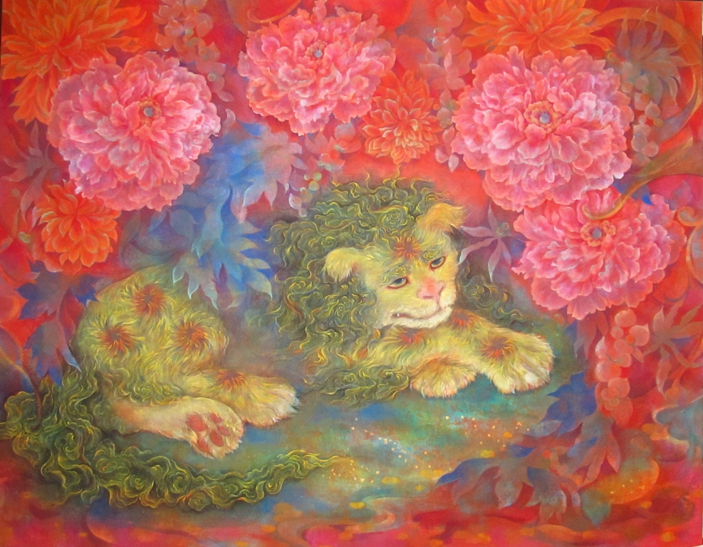 ねんねこ獅子唐獅子牡丹の日本画　大輪の牡丹の下でくつろぐ獅子