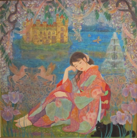 ほとり　アイルランドのお城、着物の女性、黒猫が描かれた日本画の大作