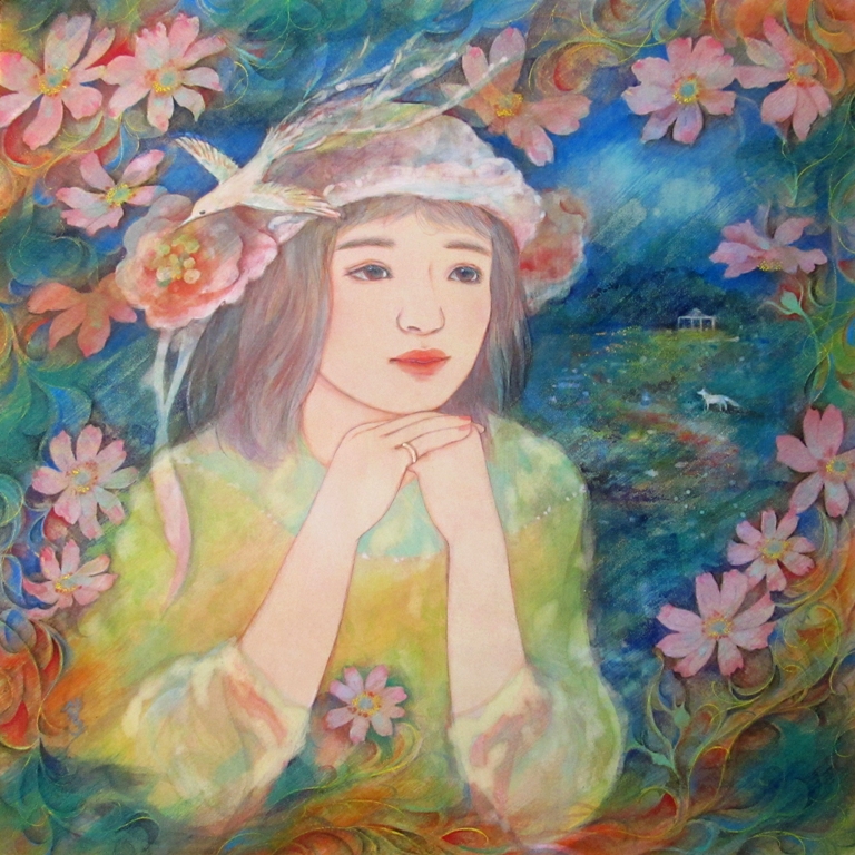 ほのかな光　夢見る乙女とコスモス、白いハチドリを描いた幻想的な日本画作品