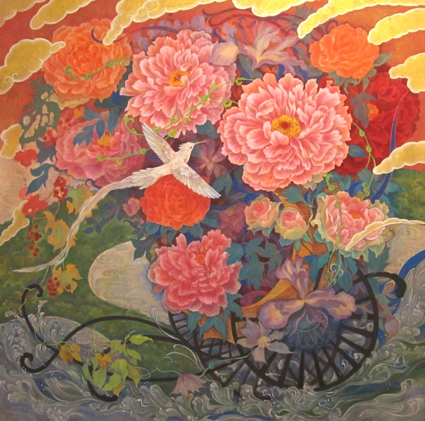 まぼろし花車　豪奢な花車と白い鳳凰が描かれた幻想的な日本画　大作