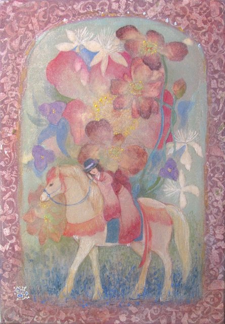 みちのり　白馬に乗った女性が描かれた幻想的な日本画