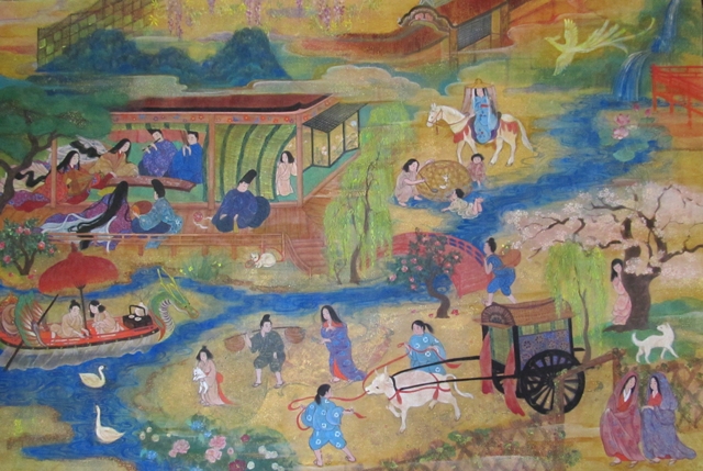 ゑものがたり　絵巻物のような世界観の日本画　平安時代の人物たちがファンタジックに描かれている