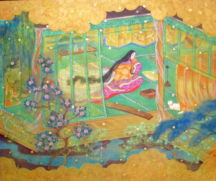 佳日　絵巻のような日本画　十二単美人と猫、調度品が鮮やかな色彩で描かれている