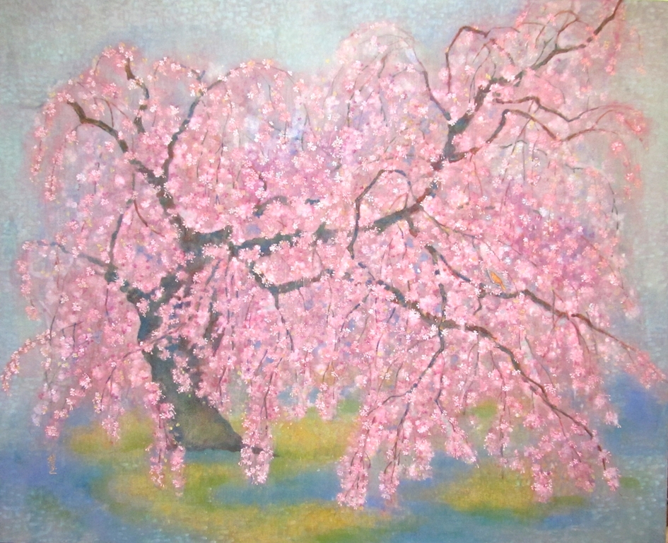 満開の桜が描かれた日本画　一羽の金の鳥