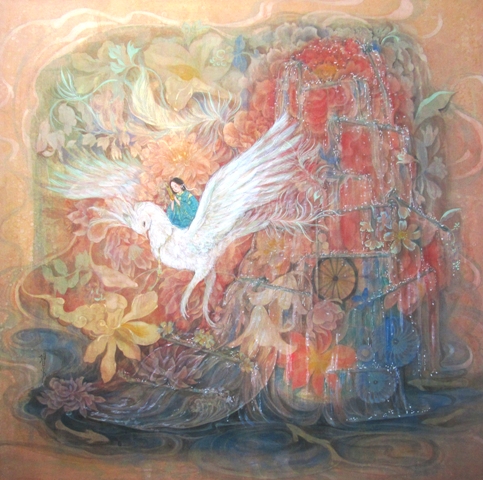 噴水譚　笙を吹く童子が白い鳳凰に乗る幻想的な日本画