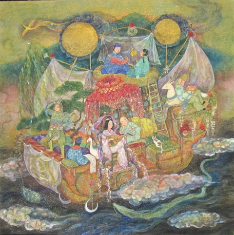 多佳良船　七福神の乗った宝船を描いた日本画作品