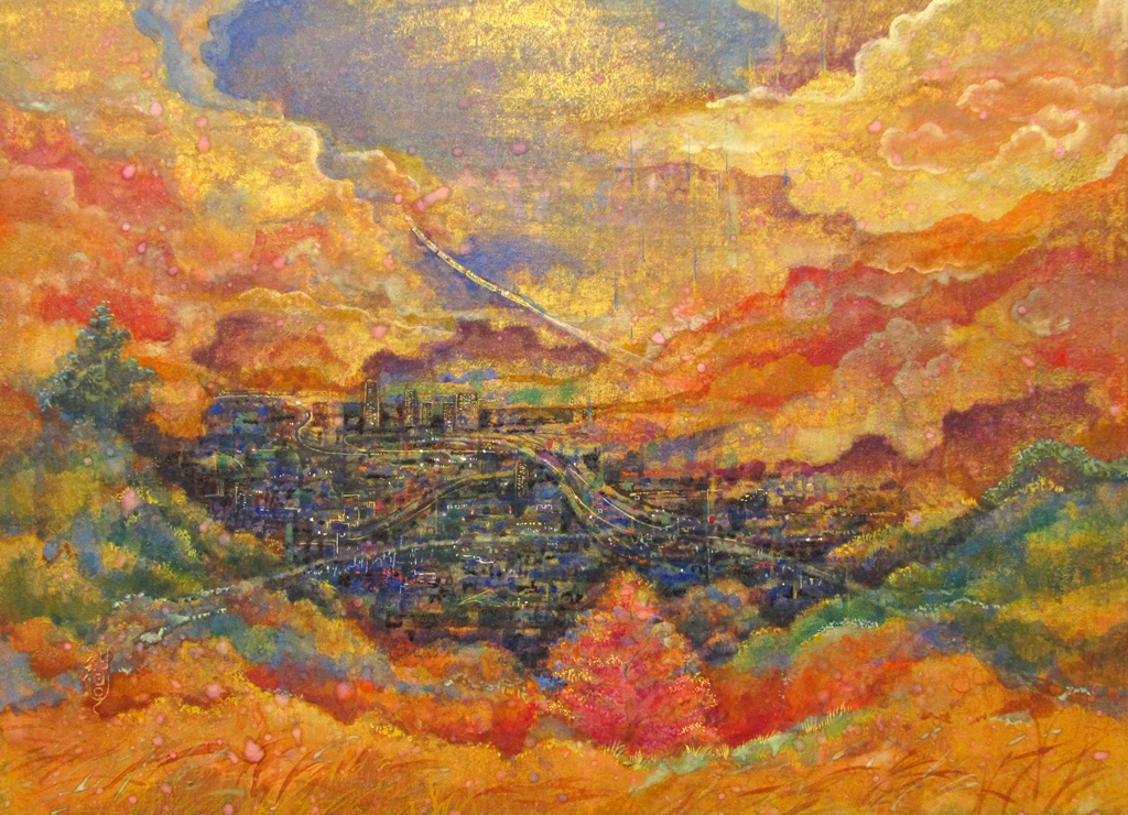 金色の幻想的な風景が描かれた日本画作品　空を走る列車、遠くの高層ビル