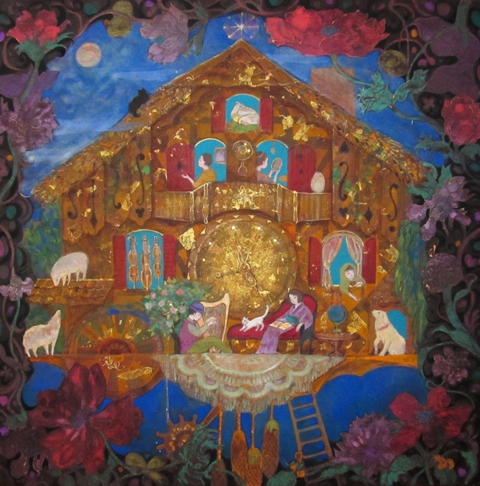 からくり時計を描いたファンタジックな日本画