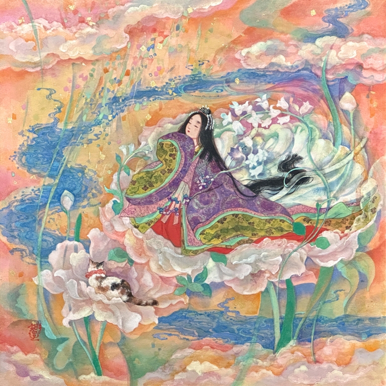 夢境　花に乗った平安衣装の女性と猫　夢の世界を描いた日本画　絹本