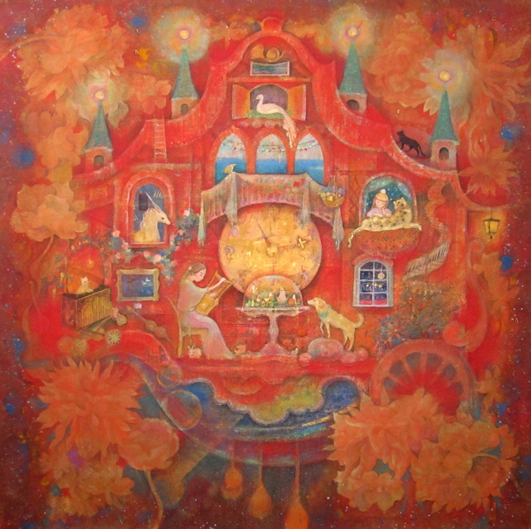 夢見時計　からくり時計を描いたファンタジックな日本画