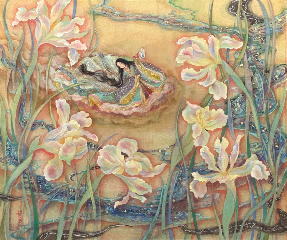 天の河　天上に流れる河とあやめ、十二単を着た天女を描いた幻想的な日本画　絹本著色