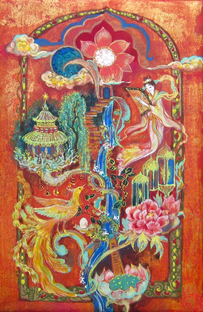 天上音楽　箜篌を奏でる天女の世界を描いた小さな日本画