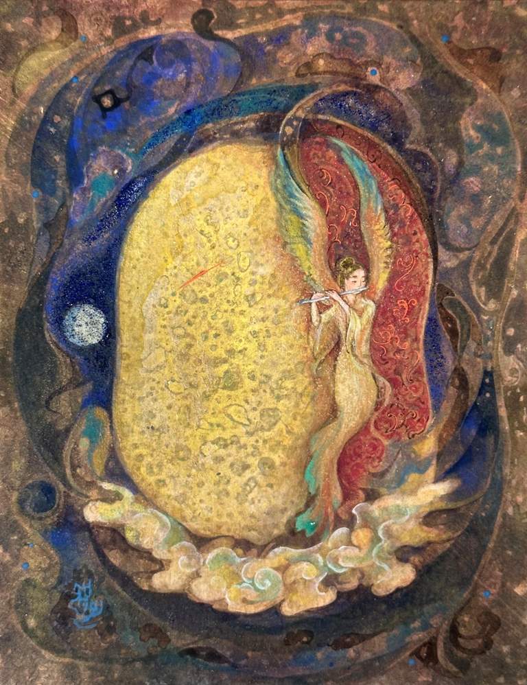 宙の扉　雲に乗る迦陵頻伽を描いた幻想的な日本画　背景に金箔を使用