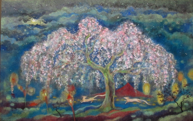 宵のダンス　満開の夜桜の下、狐が翔ける。幻想の一夜を描いた日本画