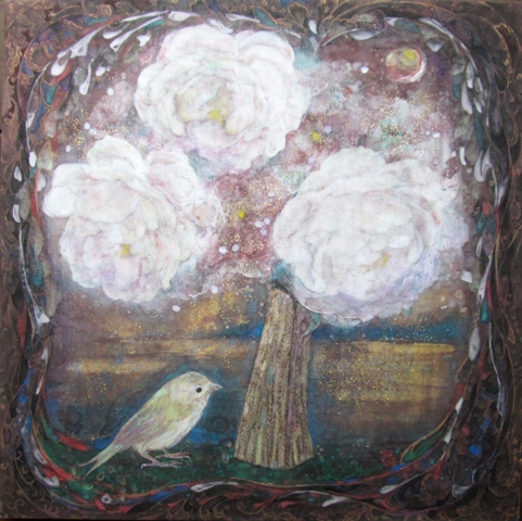 白椿と小鳥が描かれた静かな雰囲気の日本画