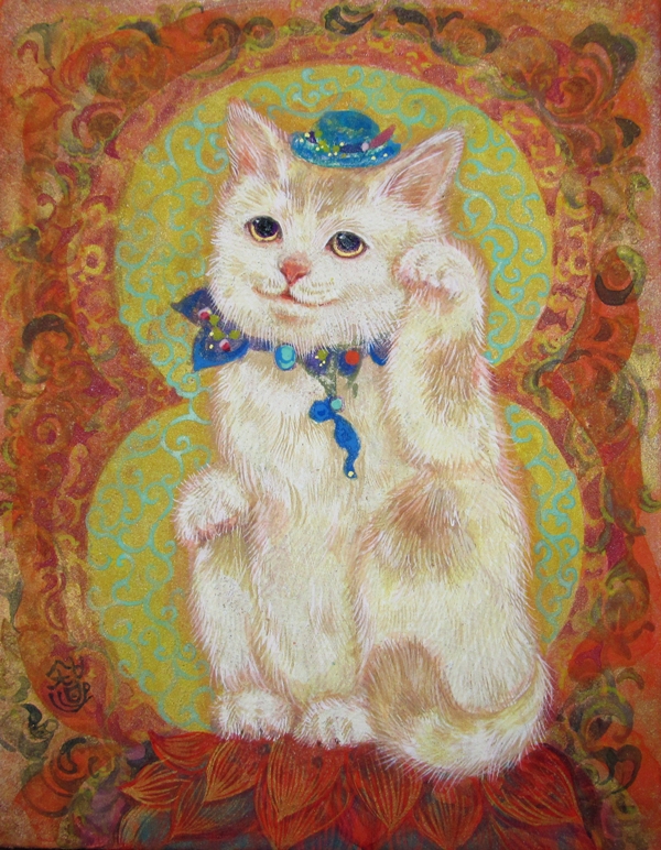 招き猫たから　可愛い招き猫が描かれた小さな日本画