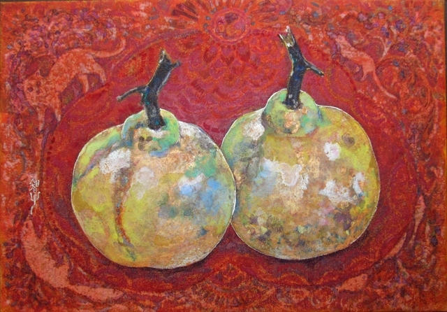 星かりん　赤い空間と黄色い果実を描いた幻想的な日本画