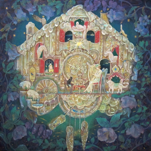 星の時計　からくり時計を描いたファンタジックな日本画