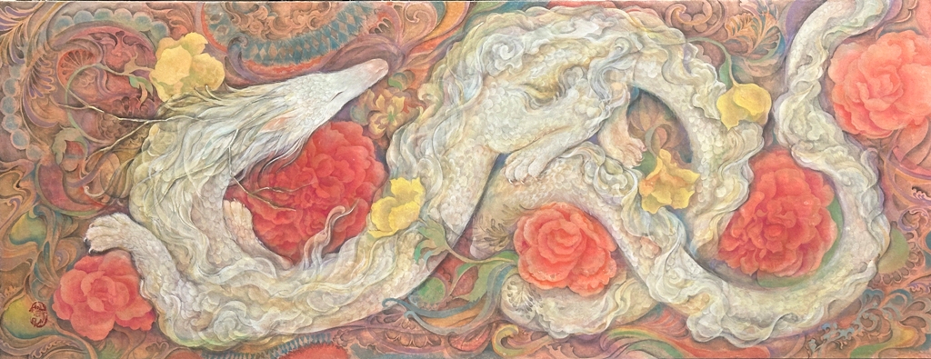 時つ風 花と白龍を描いた横長の日本画 幻想的で優しい雰囲気、色彩