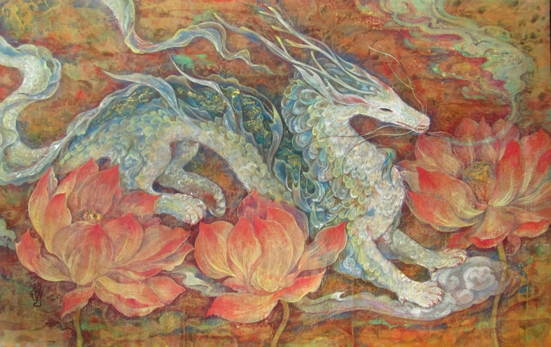 時のため息　青龍と蓮が古い壁のような画面に描かれた幻想的な日本画