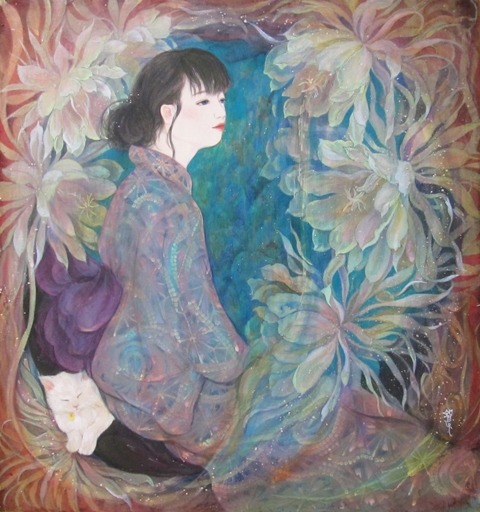 月虹　月下美人と浴衣の女性、白猫を描いた幻想的な日本画