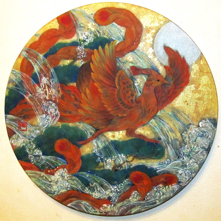 朱夏　朱雀が円形の画面に鮮やかに描かれた日本画