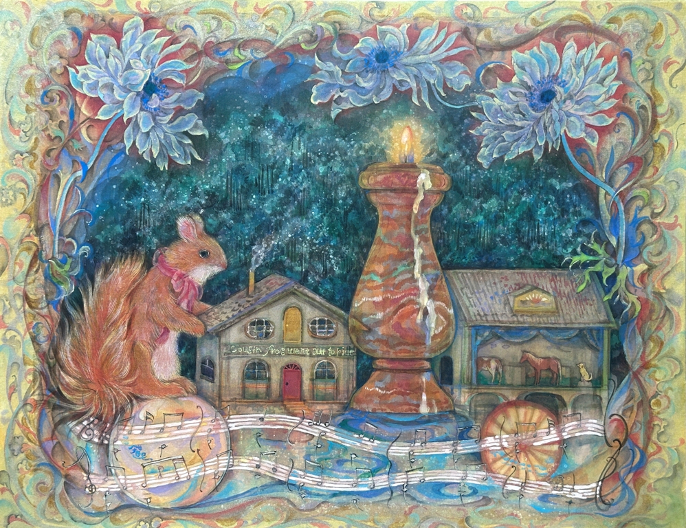 森語り　ドイツの森、アンティークの小物、リスのぬいぐるみと楽譜。様々なモチーフが一体となった物語を感じさせる日本画