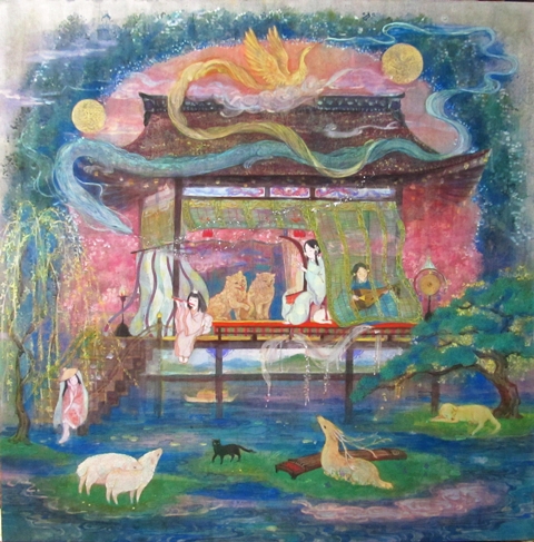楽の国　拝殿の中で楽器を奏でる人々、動物たちが音楽に聴き入っている　幻想的な日本画