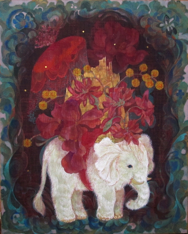 歩一歩　花をしょった白い象が描かれた幻想的な日本画