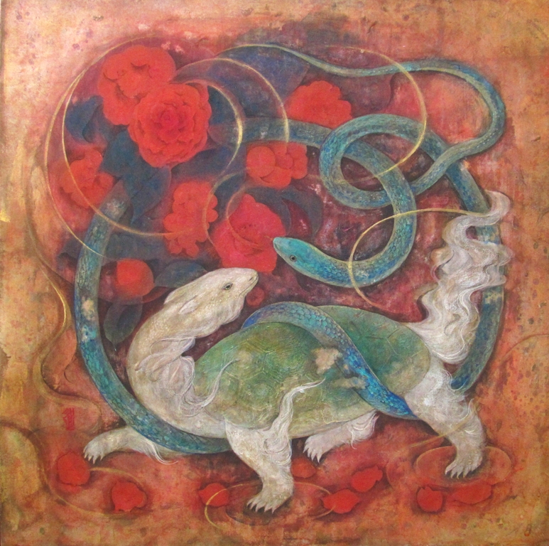 水の扉　絡み合う蛇と亀　幻想的な玄武像　古墳壁画のような日本画