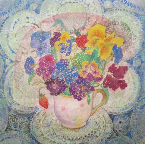 ティーカップに飾られた小さな花々　可愛い雰囲気の日本画