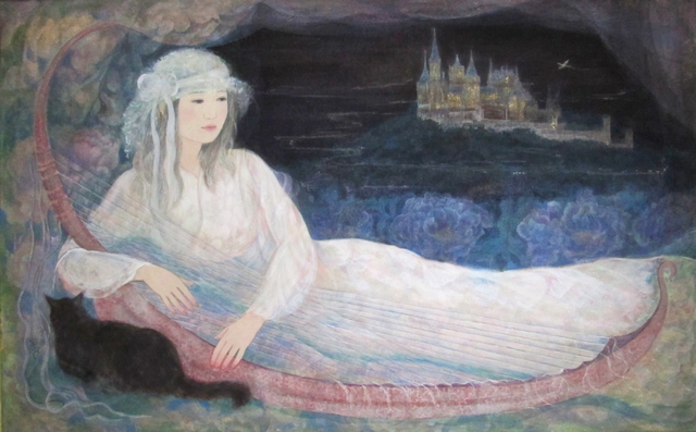 異国の窓辺　ドイツの古城と横たわる白衣の女性、黒猫が描かれた幻想的な日本画　大作