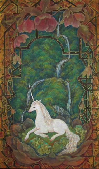 神話の窓　一角獣と滝のある風景が描かれた幻想的な日本画