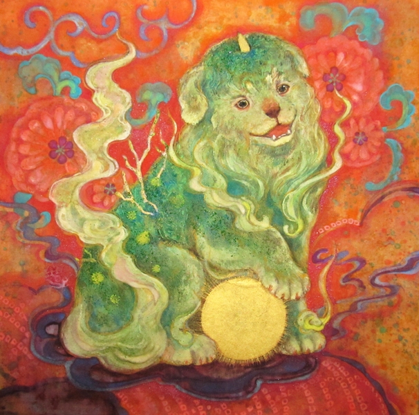 福狛犬あ　可愛い狛犬を描いた日本画作品　背景は友禅のような花文様　狛犬には苔が生えている