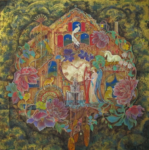 結晶時計　からくり時計を描いたファンタジックな日本画