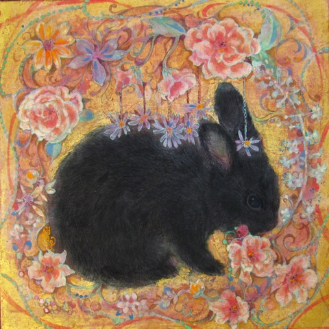 花うさぎ　花と黒うさぎが描かれた可愛い日本画