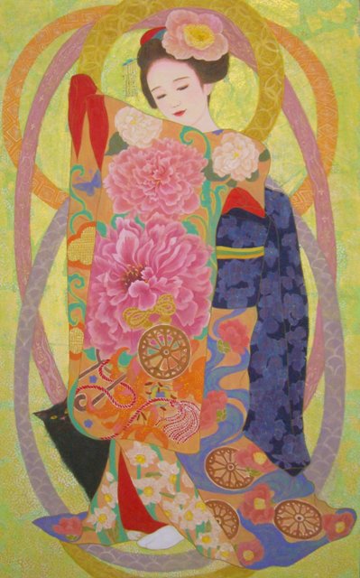 花の輪　踊る舞妓はんと黒猫　明るい色調の日本画