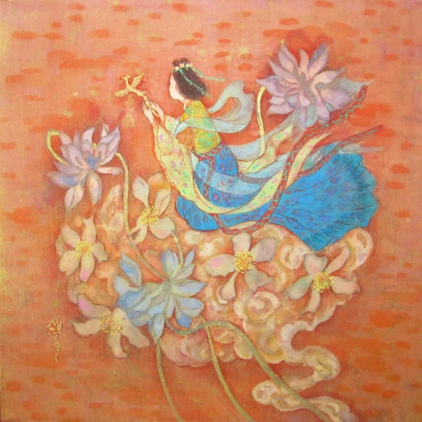 茜風　蓮華の花と雲、妖精のような天女、小さな金の鳳凰が描かれた幻想的な日本画