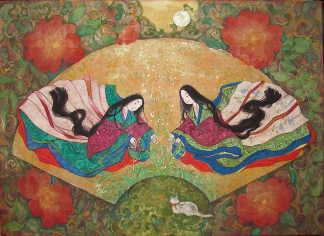 扇面型に描かれた平安美人と猫　絵巻のような雰囲気の日本画