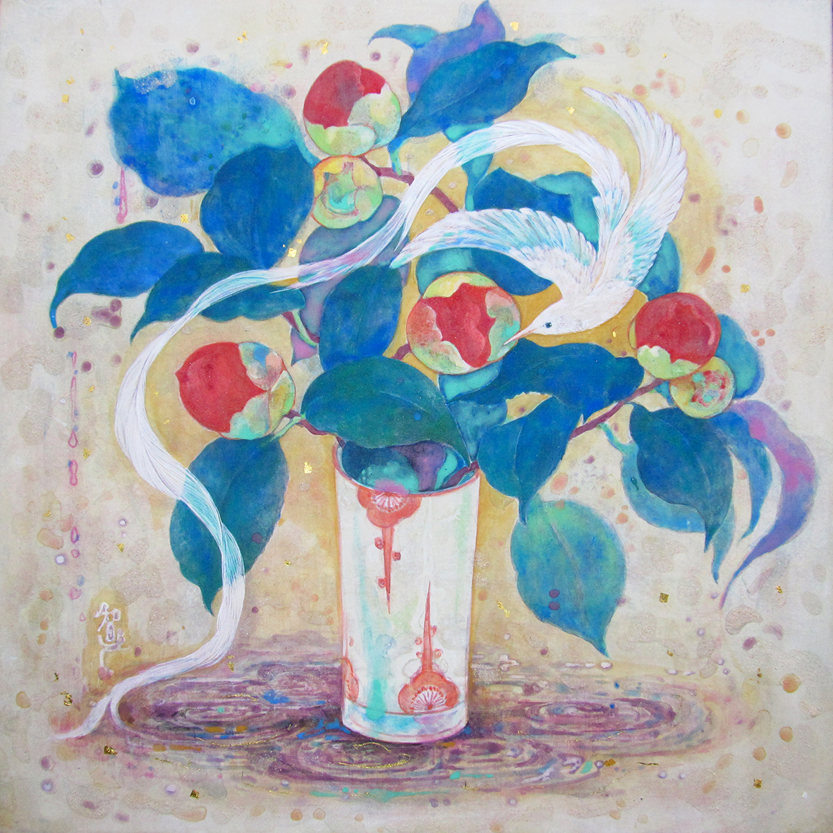 蕾賛歌　椿の蕾と白鳳凰を描いた幻想的な日本画