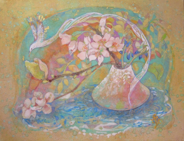 一輪挿しの桜と小さな鳳凰を描いた日本画　優しい春の雰囲気