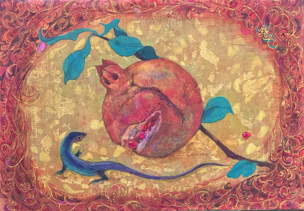 蠱惑　柘榴と蜥蜴が紡ぎだす物語。赤と金の色合いが美しい幻想的な日本画