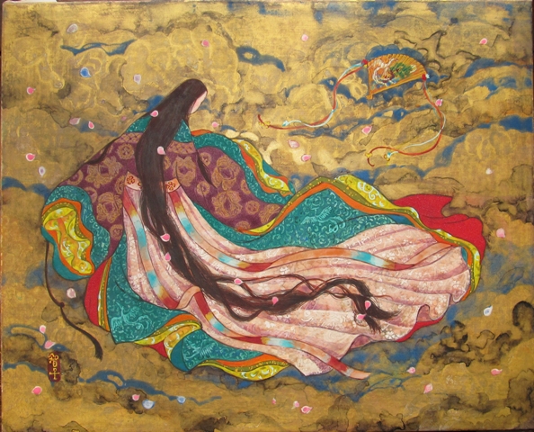 通ひ路　十二単美人が色彩豊かに描かれた日本画　背景は金箔